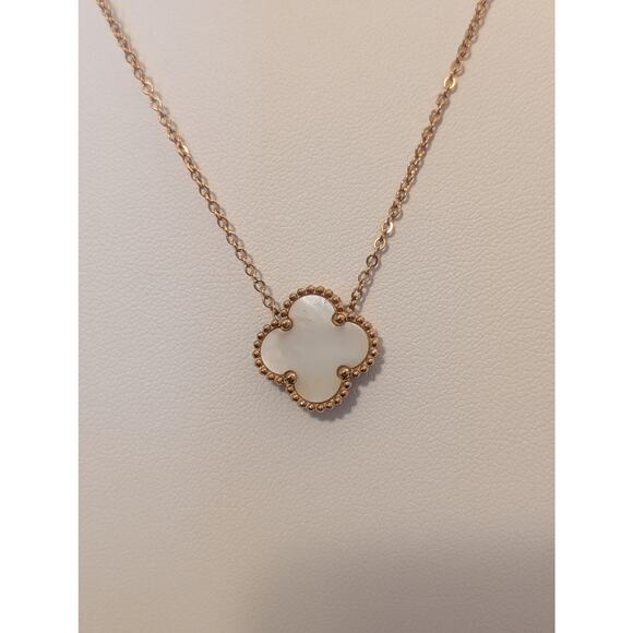 18K Rose Gold Plated Two Sided Quatrefoil Mother of Pearl CZ Pendant Necklace - Picture 8 of 10